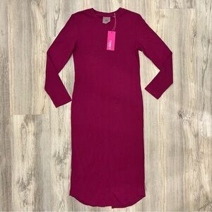 NWT Terez Long Sleeve Ribbed Bodycon High Neck Midi Dress Raspberry Pink Size L